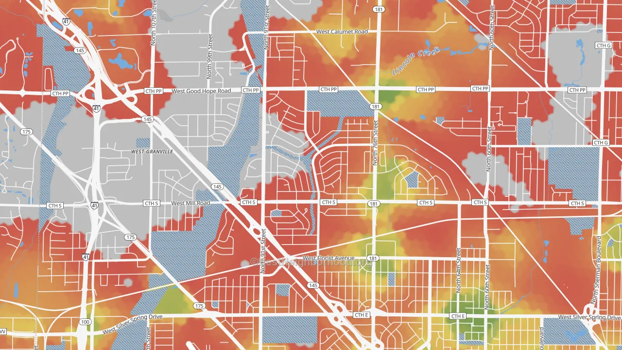 Walk Grade map of Menomonee River Hills, Milwaukee, WI, walkable areas in green and car-dependent areas in red