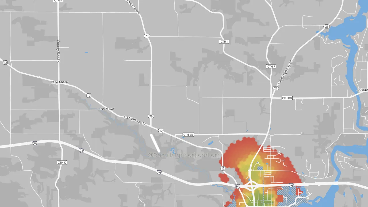 Walk Grade map of Menomonie Junction, WI, walkable areas in green and car-dependent areas in red