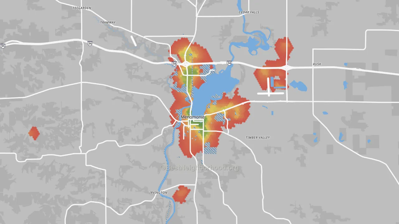 Walk Grade map of Menomonie, WI, walkable areas in green and car-dependent areas in red