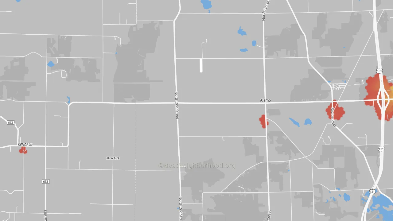 Walk Grade map of Mentha, MI, walkable areas in green and car-dependent areas in red