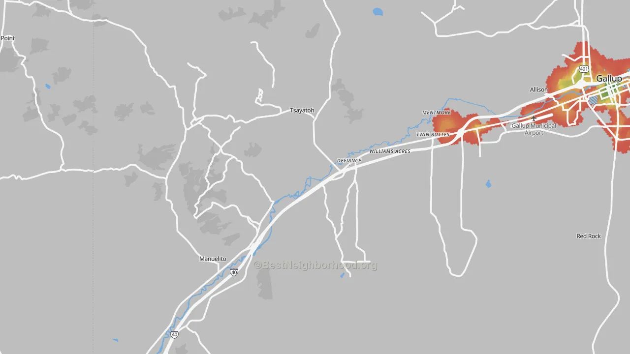 Walk Grade map of Mentmore, NM, walkable areas in green and car-dependent areas in red