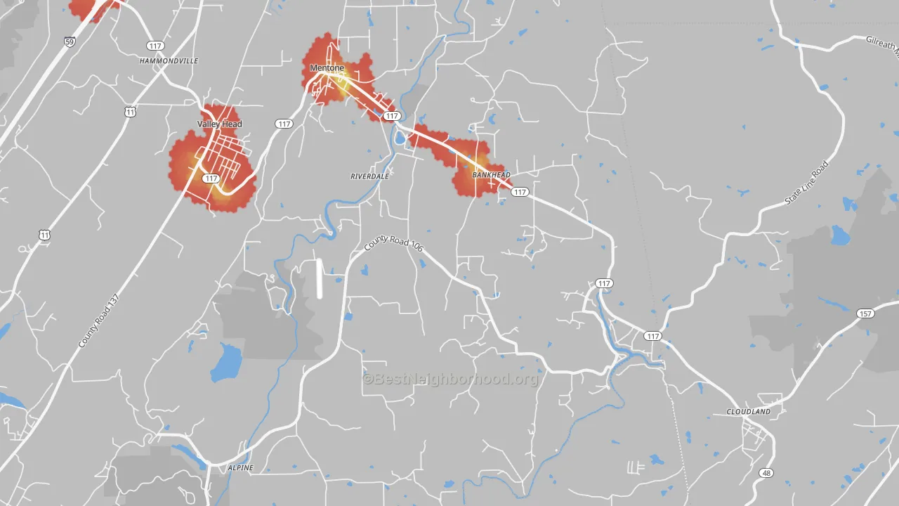 Walk Grade map of Mentone, AL, walkable areas in green and car-dependent areas in red