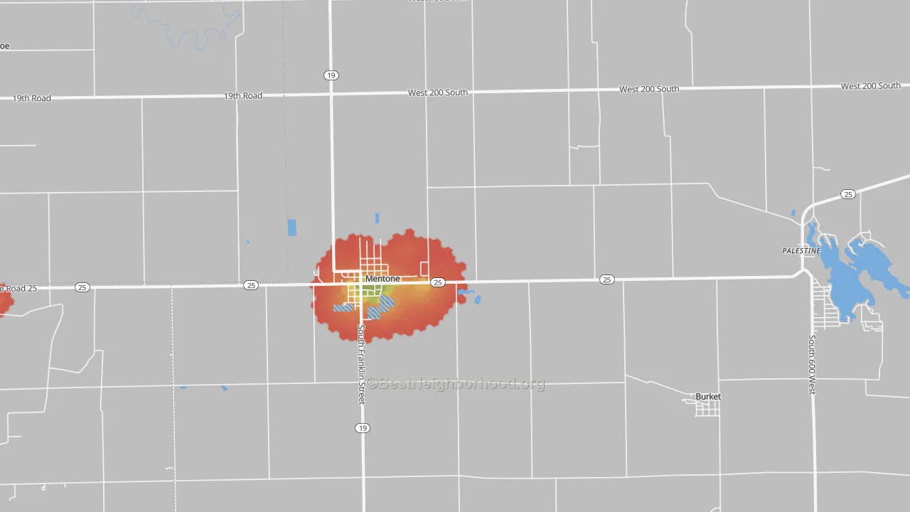 Walk Grade map of Mentone, IN, walkable areas in green and car-dependent areas in red