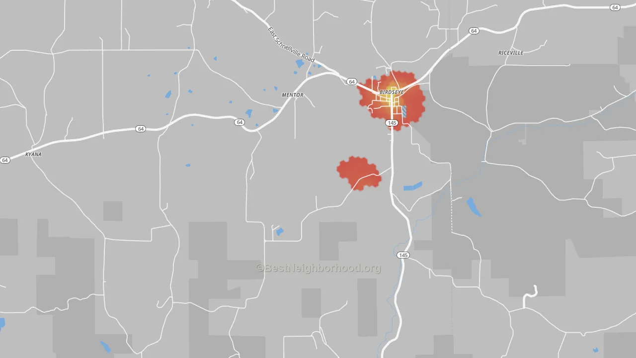Walk Grade map of Mentor, IN, walkable areas in green and car-dependent areas in red