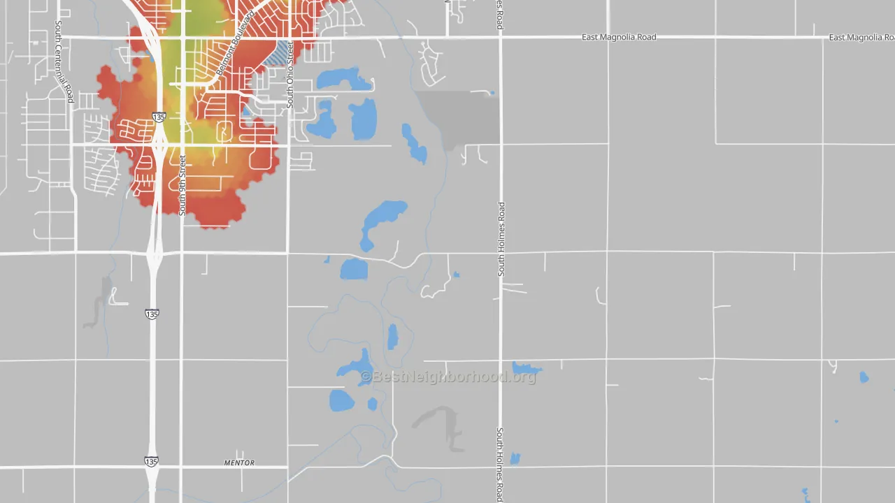 Walk Grade map of Mentor, KS, walkable areas in green and car-dependent areas in red