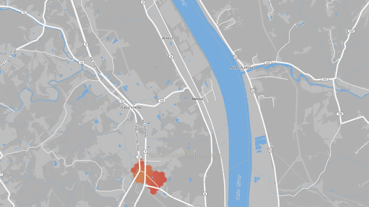 Walk Grade map of Mentor, KY, walkable areas in green and car-dependent areas in red