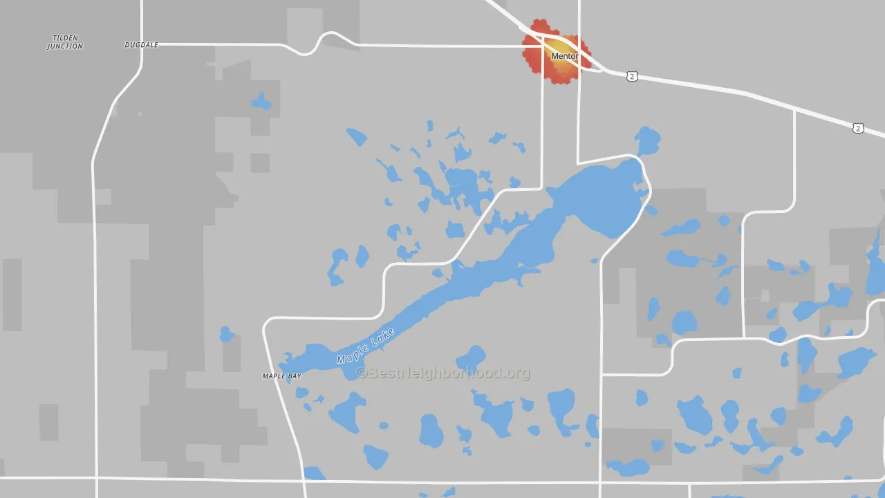 Walk Grade map of Mentor, MN, walkable areas in green and car-dependent areas in red