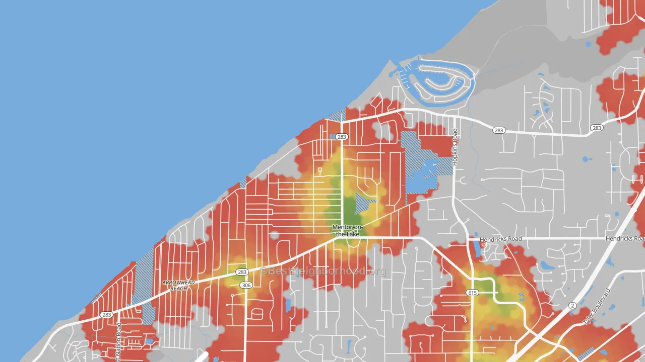 Walk Grade map of Mentor-on-the-Lake, OH, walkable areas in green and car-dependent areas in red