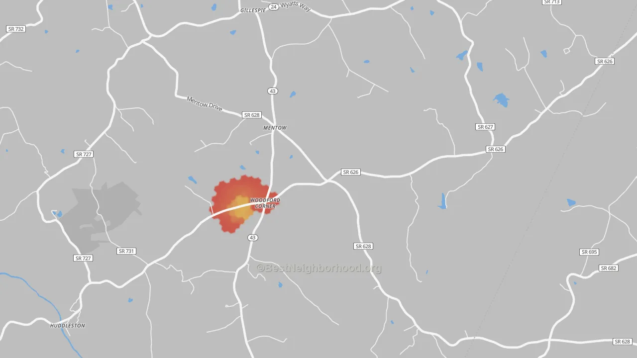 Walk Grade map of Mentow, VA, walkable areas in green and car-dependent areas in red