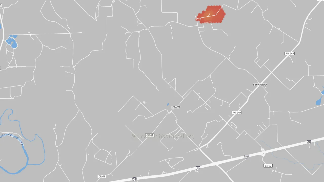 Walk Grade map of Mentz, TX, walkable areas in green and car-dependent areas in red
