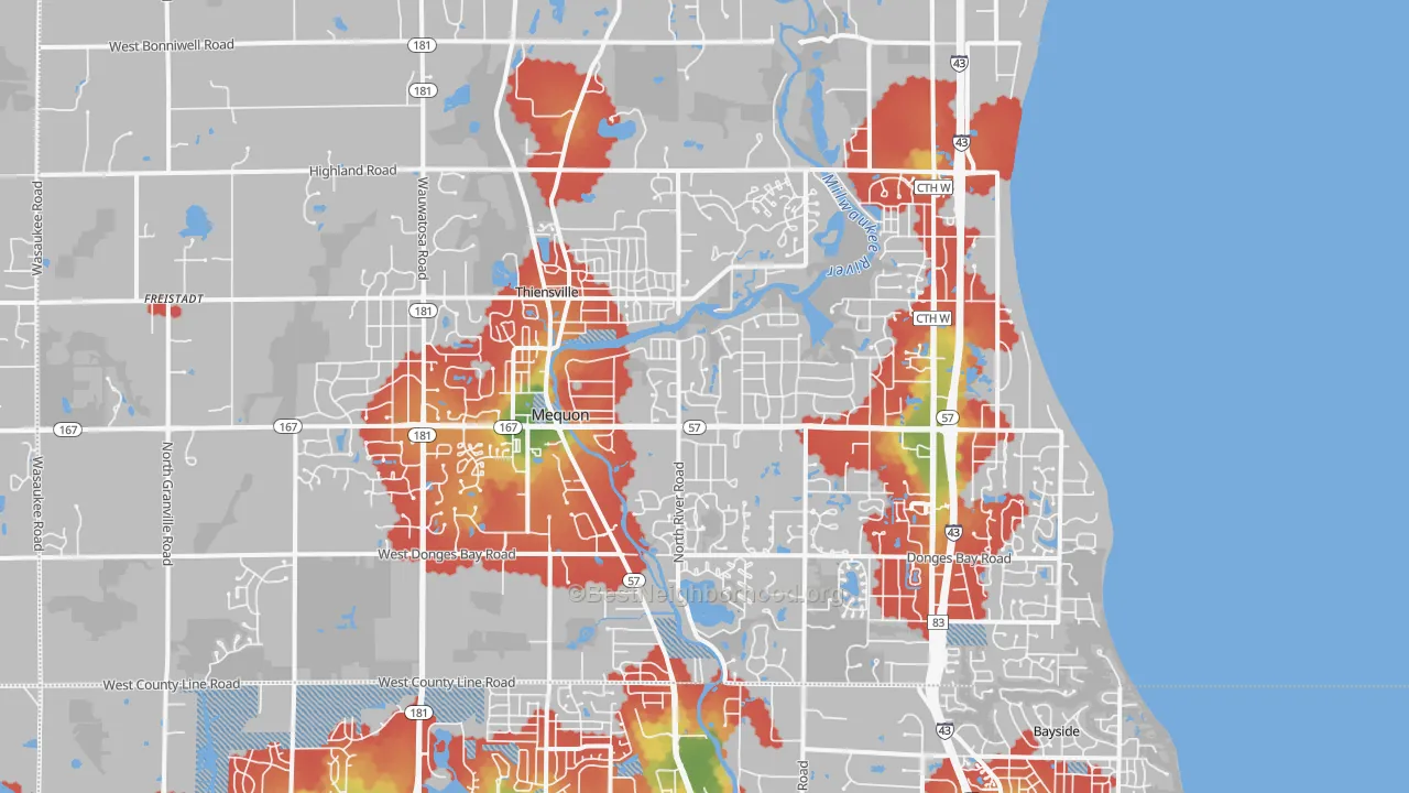 Walk Grade map of Mequon, WI, walkable areas in green and car-dependent areas in red