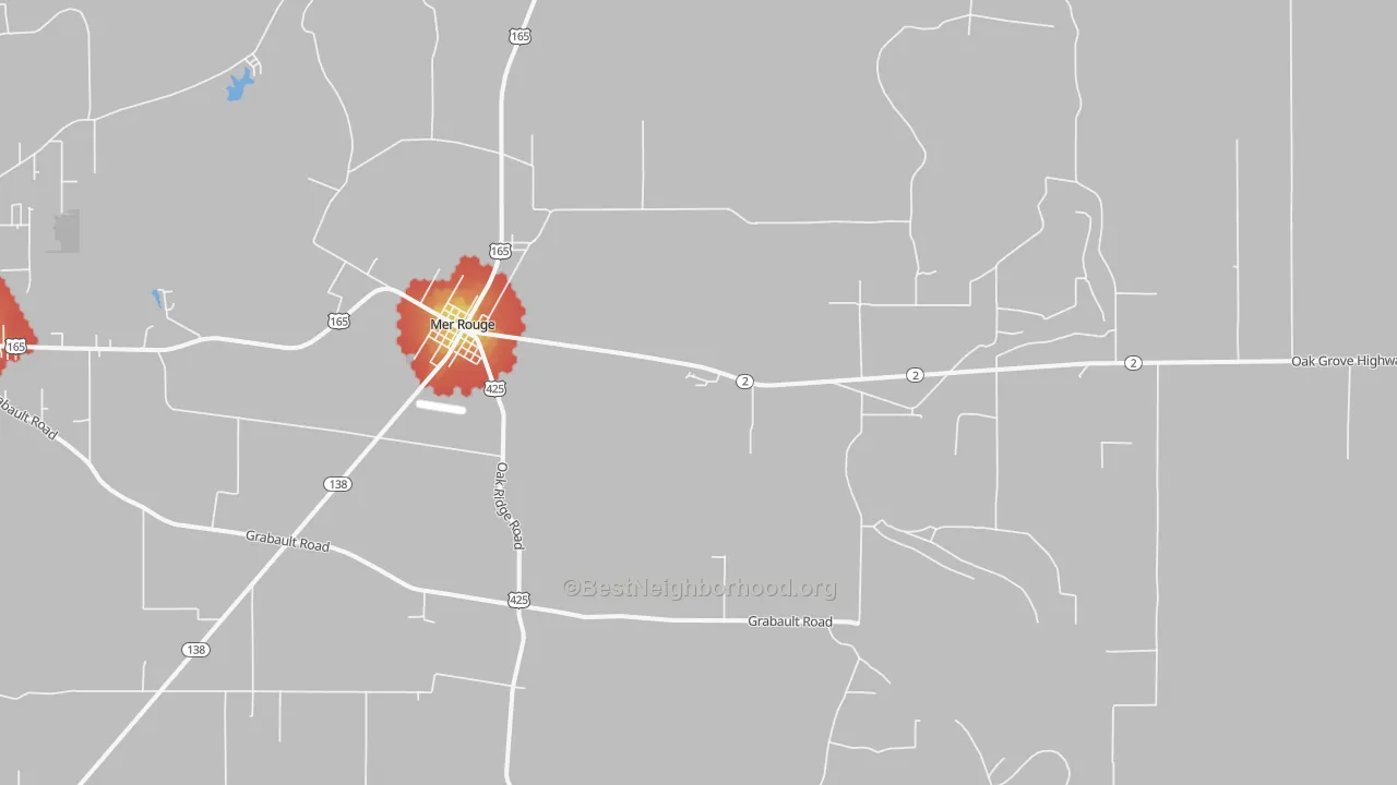 Walk Grade map of Mer Rouge, LA, walkable areas in green and car-dependent areas in red