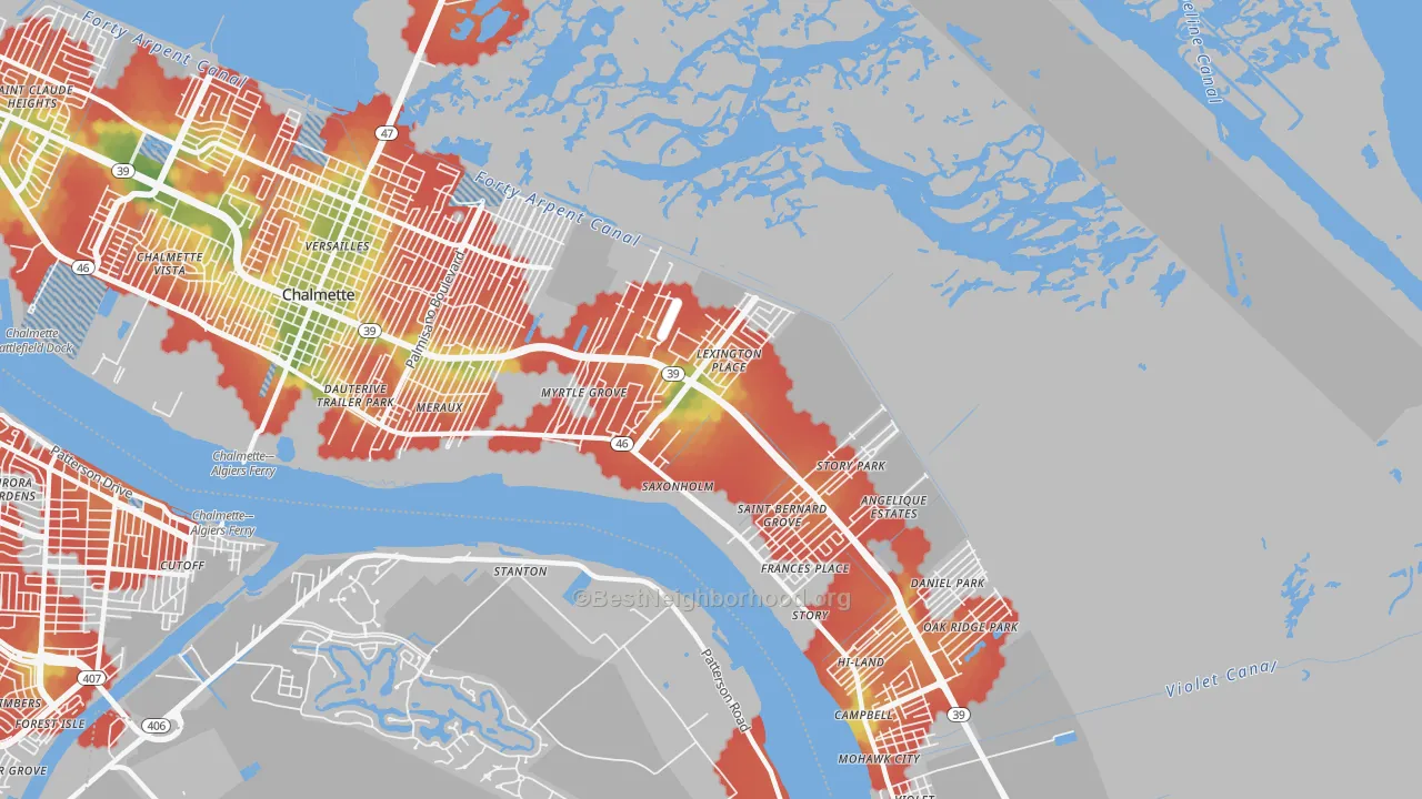 Walk Grade map of Meraux, LA, walkable areas in green and car-dependent areas in red