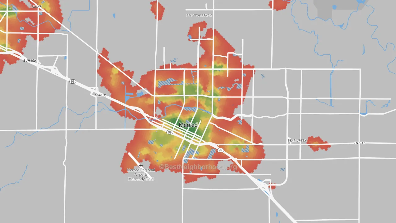 Walk Grade map of Merced, CA, walkable areas in green and car-dependent areas in red