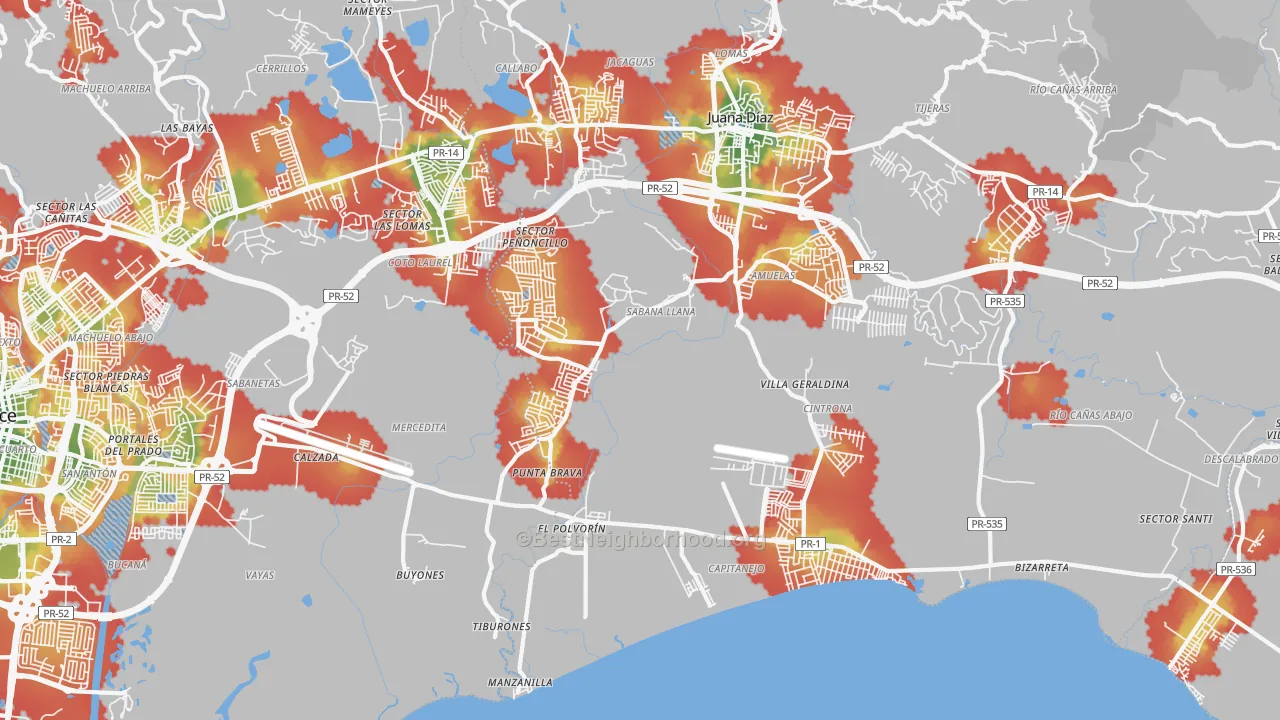 Walk Grade map of Mercedita, PR, walkable areas in green and car-dependent areas in red