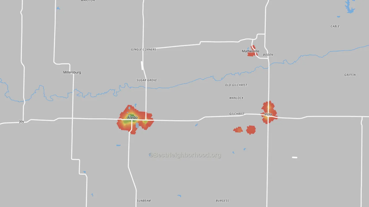 Walk Grade map of Mercer County, IL, walkable areas in green and car-dependent areas in red