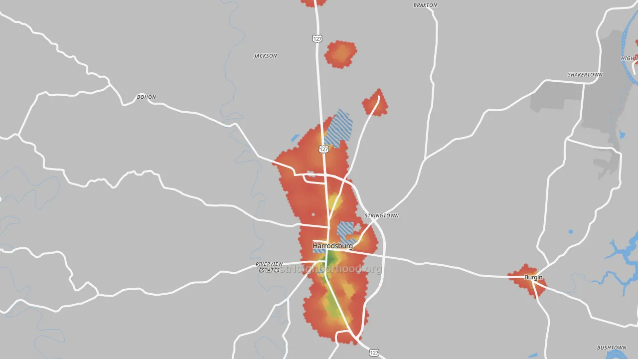 Walk Grade map of Mercer County, KY, walkable areas in green and car-dependent areas in red