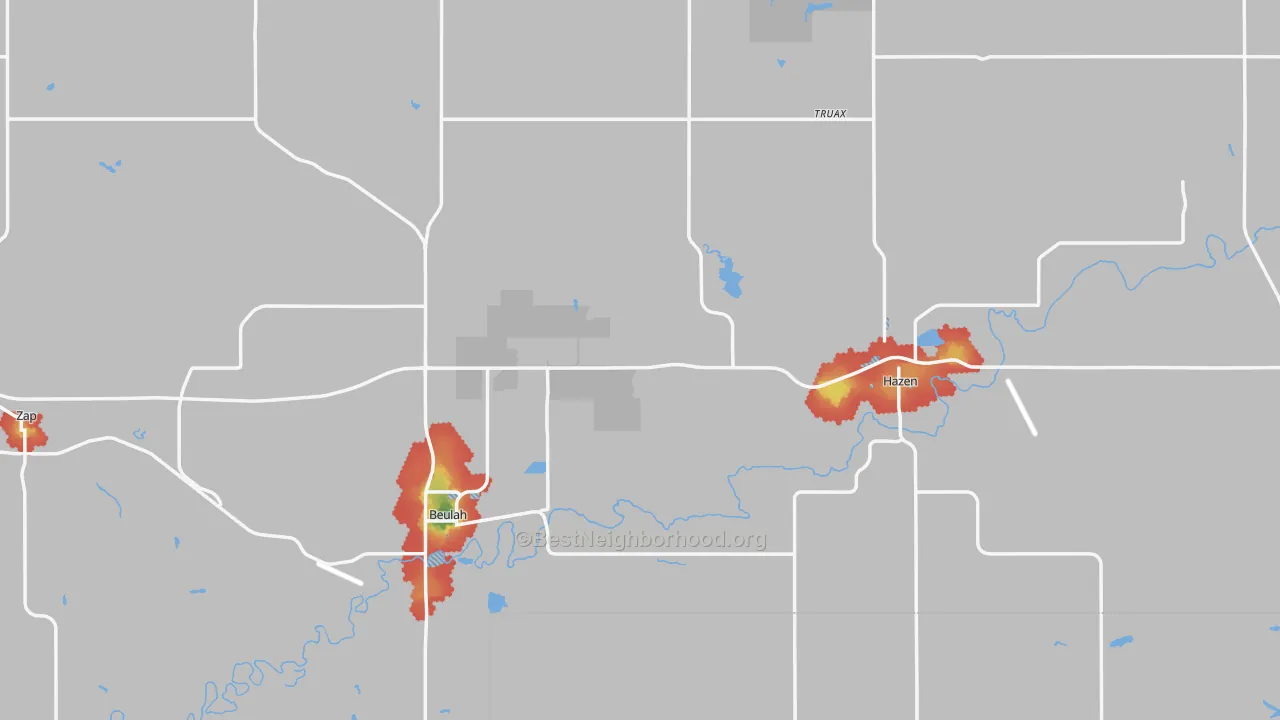 Walk Grade map of Mercer County, ND, walkable areas in green and car-dependent areas in red