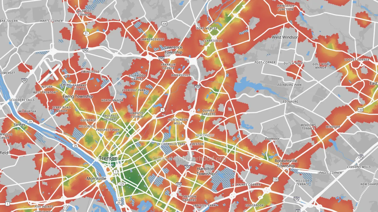 Walk Grade map of Mercer County, NJ, walkable areas in green and car-dependent areas in red