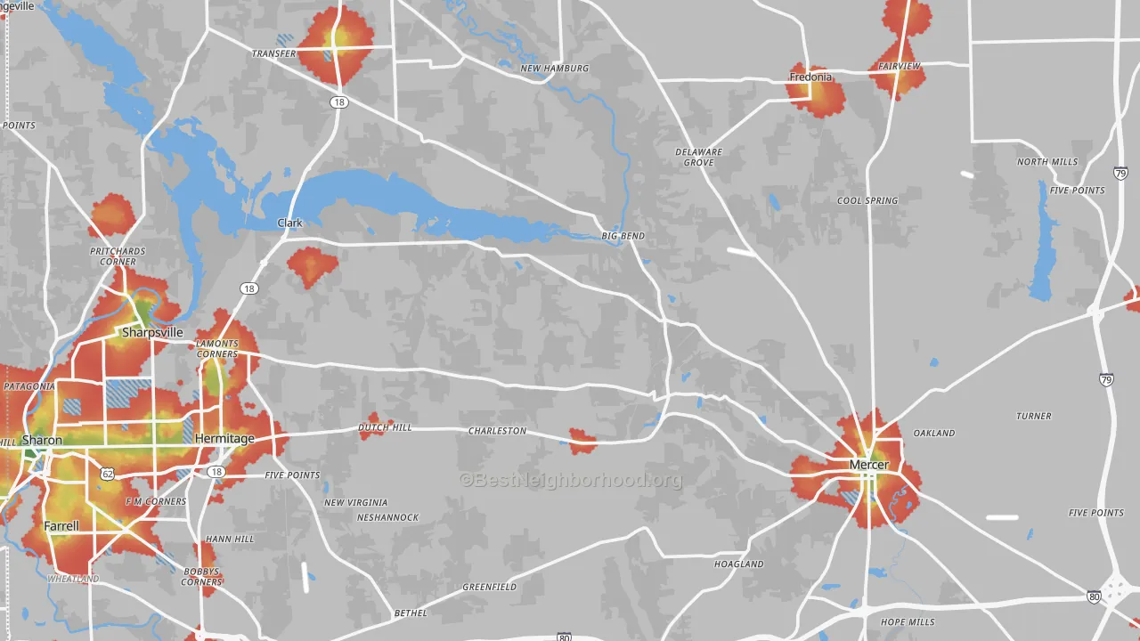 Walk Grade map of Mercer County, PA, walkable areas in green and car-dependent areas in red