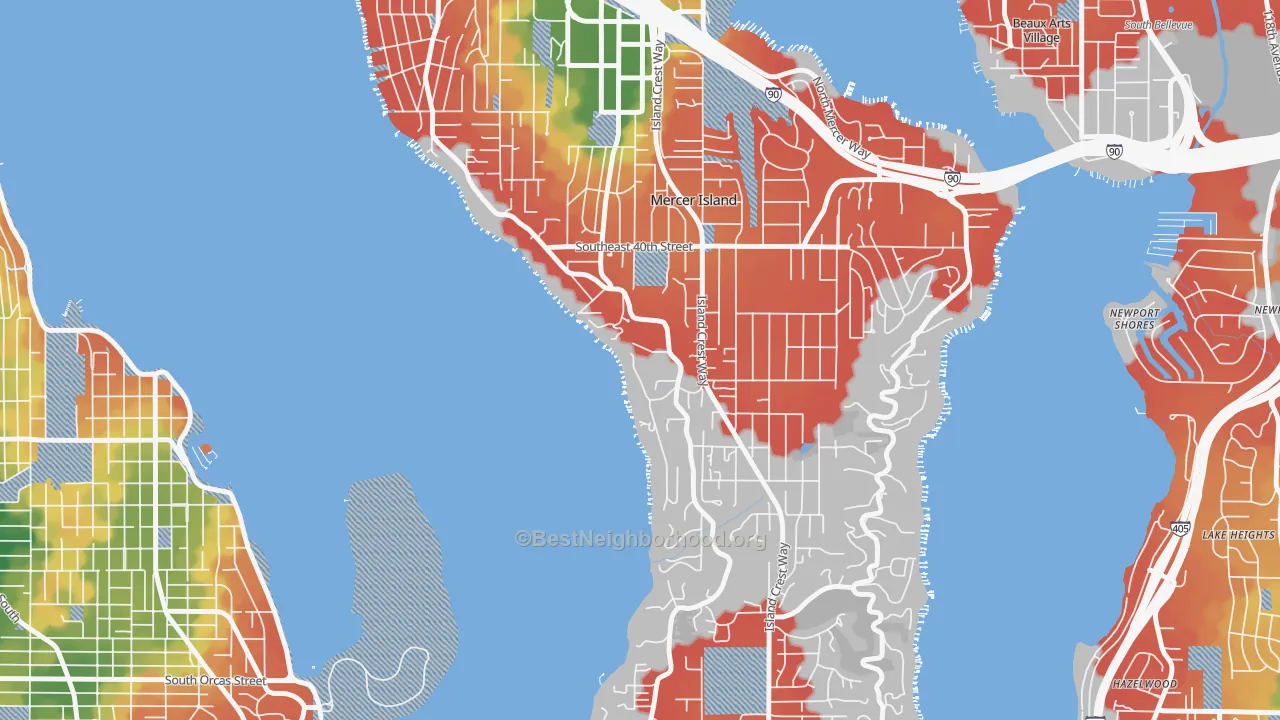 Walk Grade map of Mercer Heights, Mercer Island, WA, walkable areas in green and car-dependent areas in red