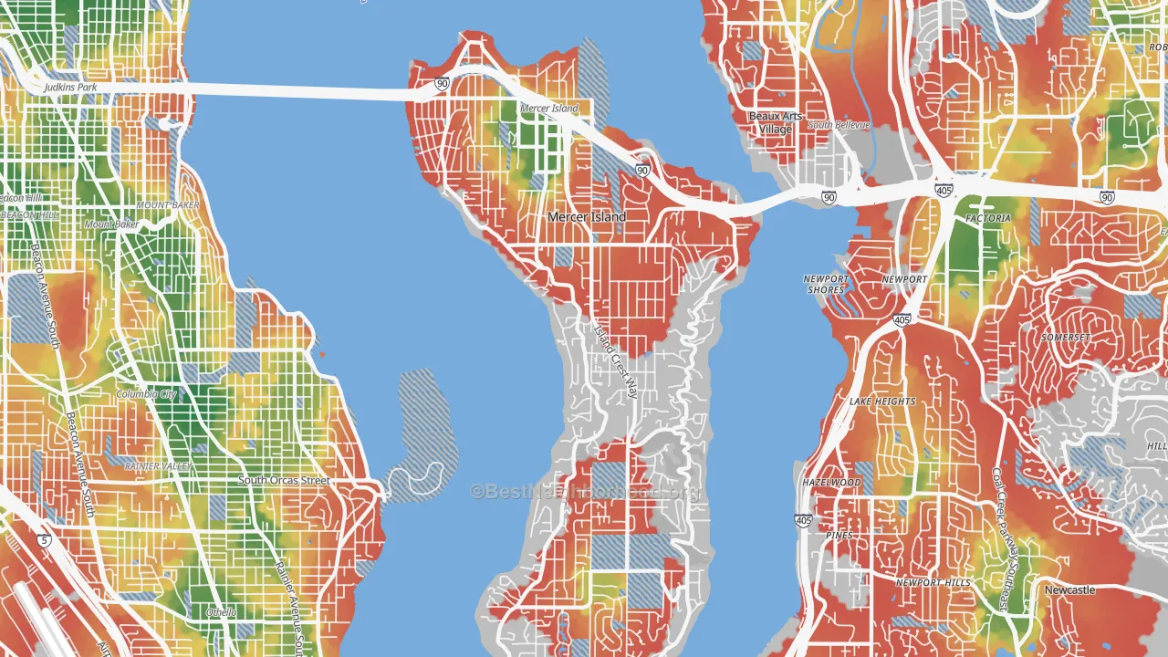 Walk Grade map of Mercer Island, WA, walkable areas in green and car-dependent areas in red