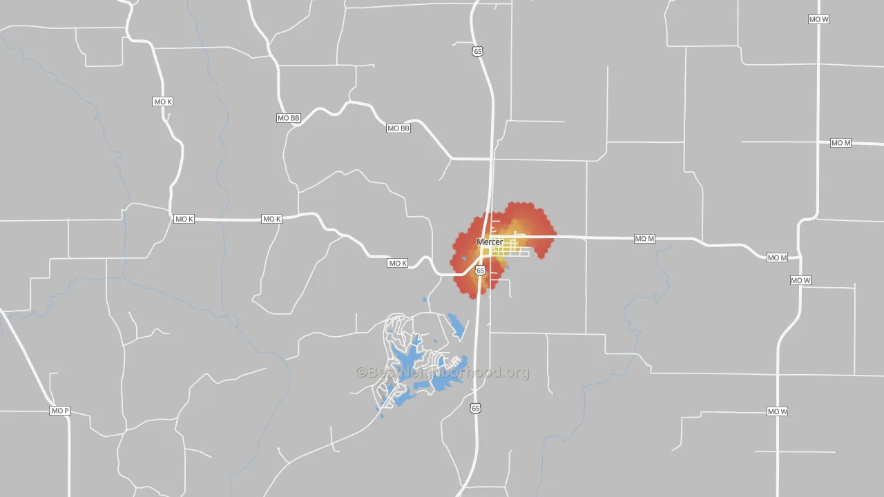 Walk Grade map of Mercer, MO, walkable areas in green and car-dependent areas in red
