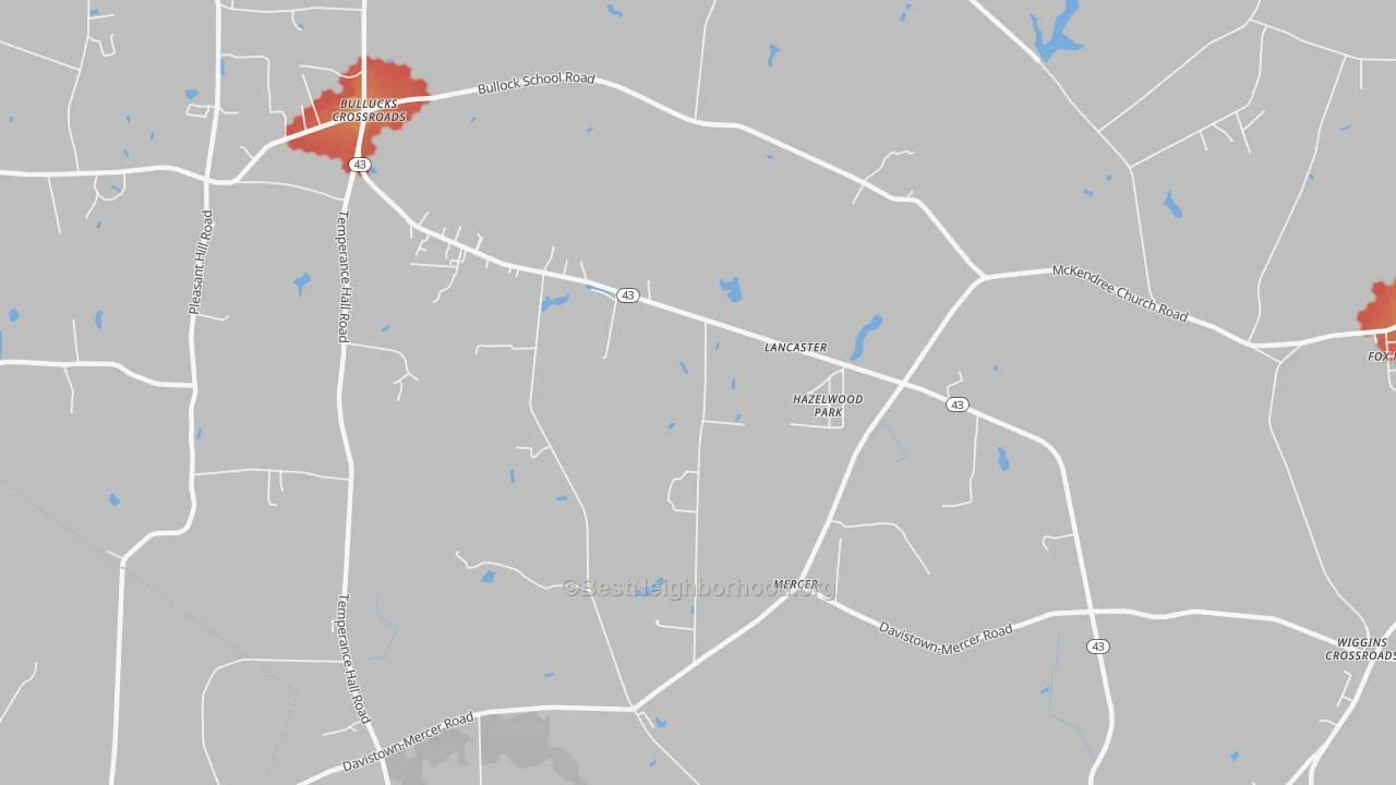 Walk Grade map of Mercer, NC, walkable areas in green and car-dependent areas in red