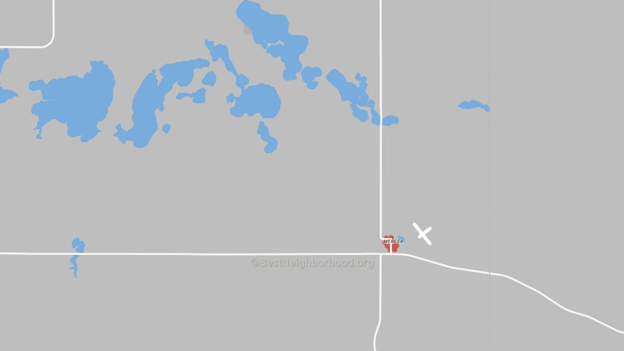 Walk Grade map of Mercer, ND, walkable areas in green and car-dependent areas in red