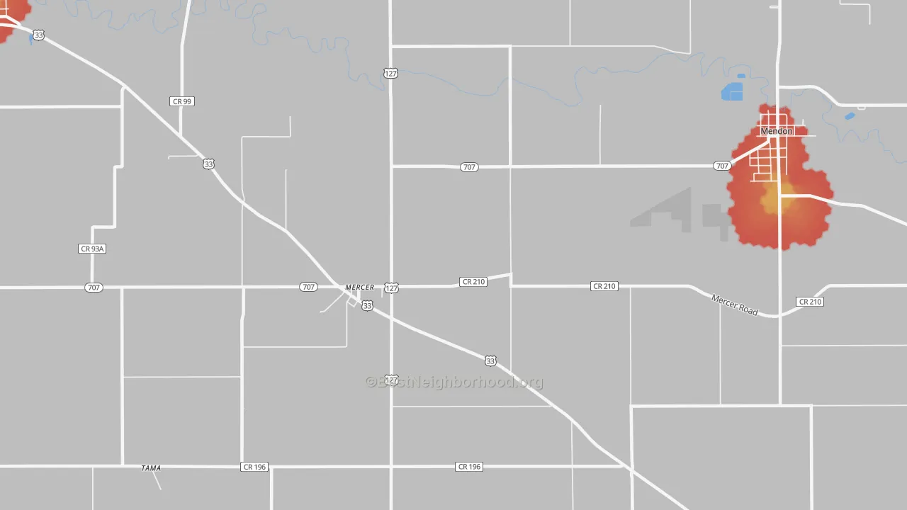 Walk Grade map of Mercer, OH, walkable areas in green and car-dependent areas in red