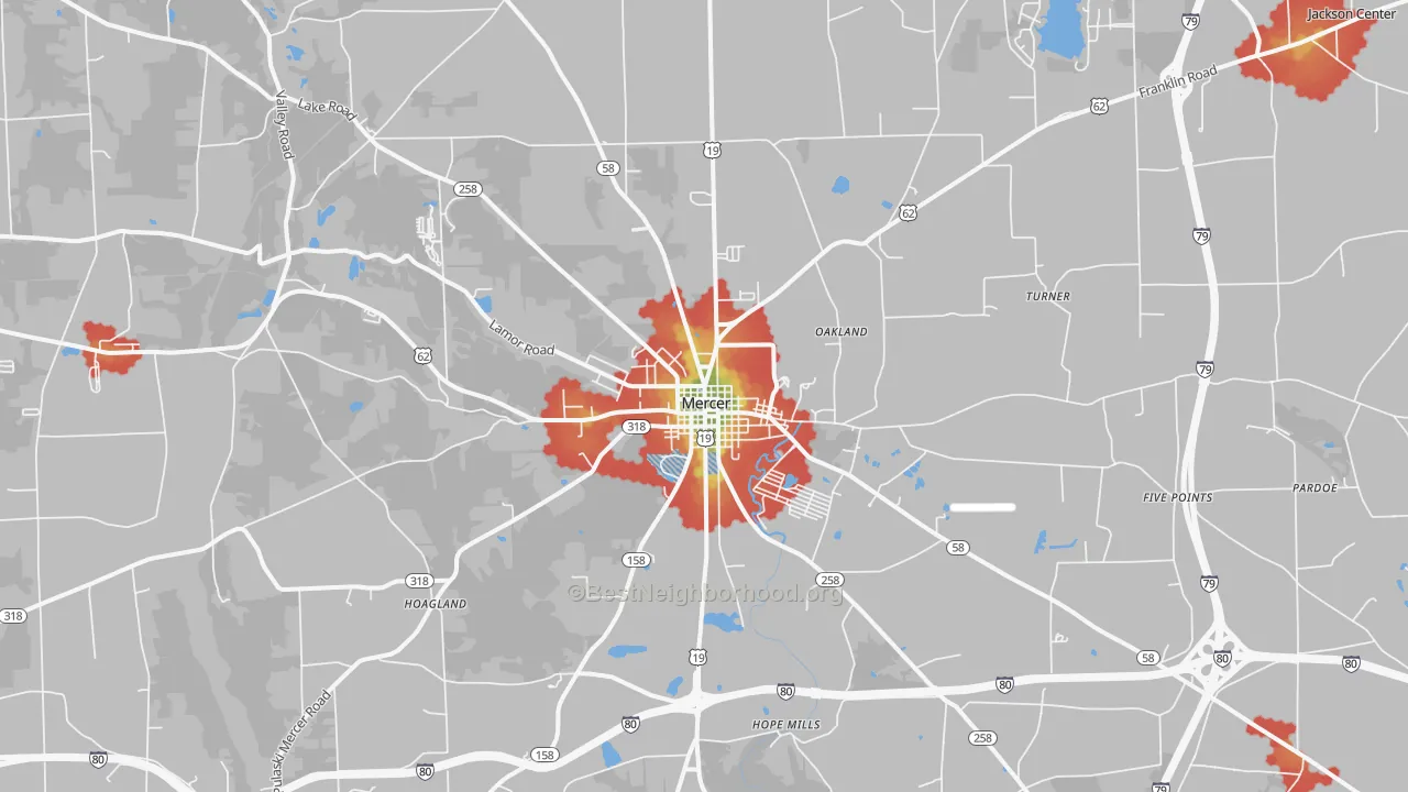 Walk Grade map of Mercer, PA, walkable areas in green and car-dependent areas in red