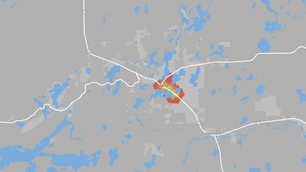 Walk Grade map of Mercer, WI, walkable areas in green and car-dependent areas in red