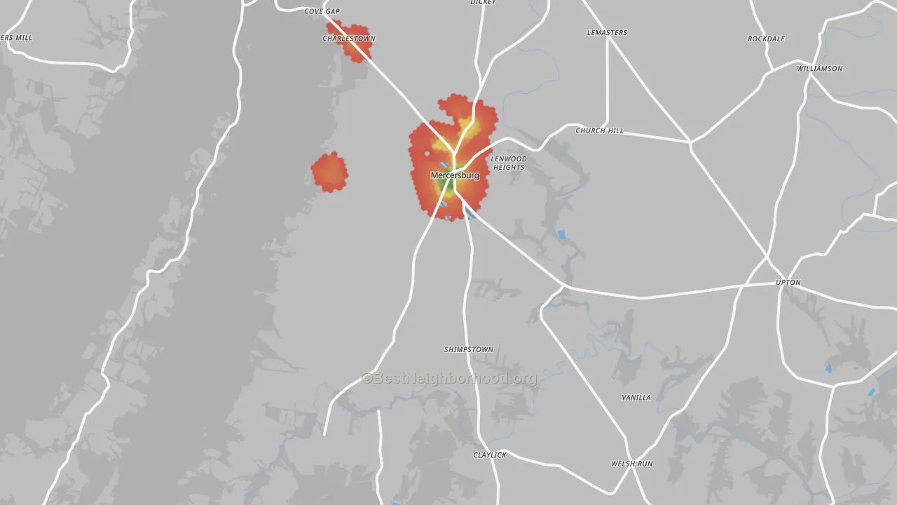 Walk Grade map of Mercersburg, PA, walkable areas in green and car-dependent areas in red