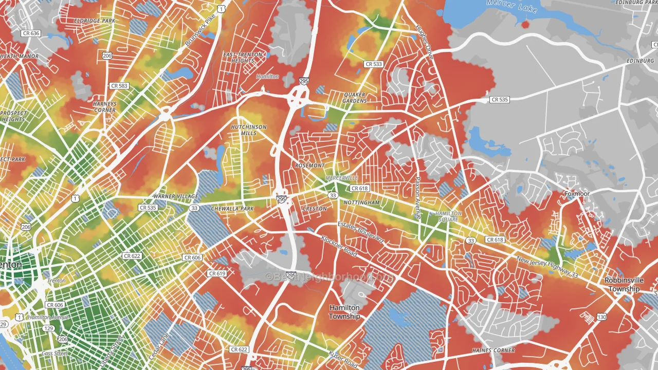 Walk Grade map of Mercerville, NJ, walkable areas in green and car-dependent areas in red