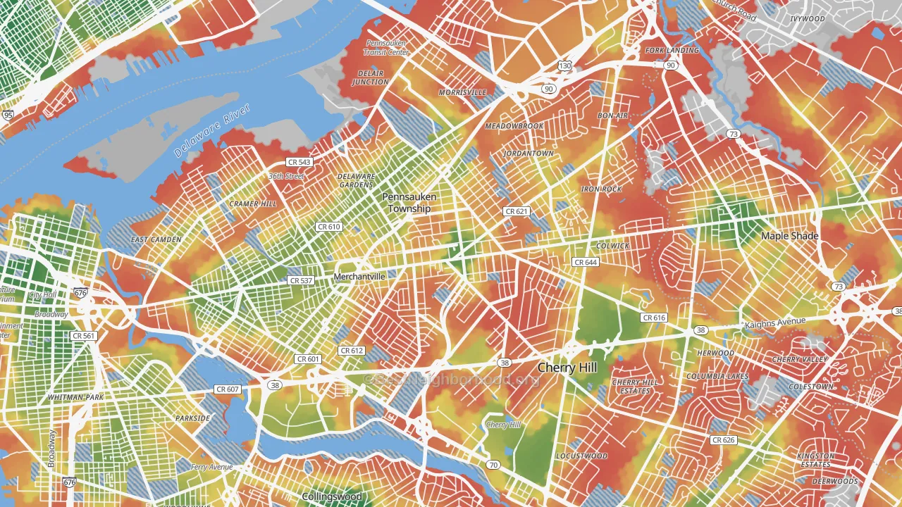 Walk Grade map of Merchantville, NJ, walkable areas in green and car-dependent areas in red