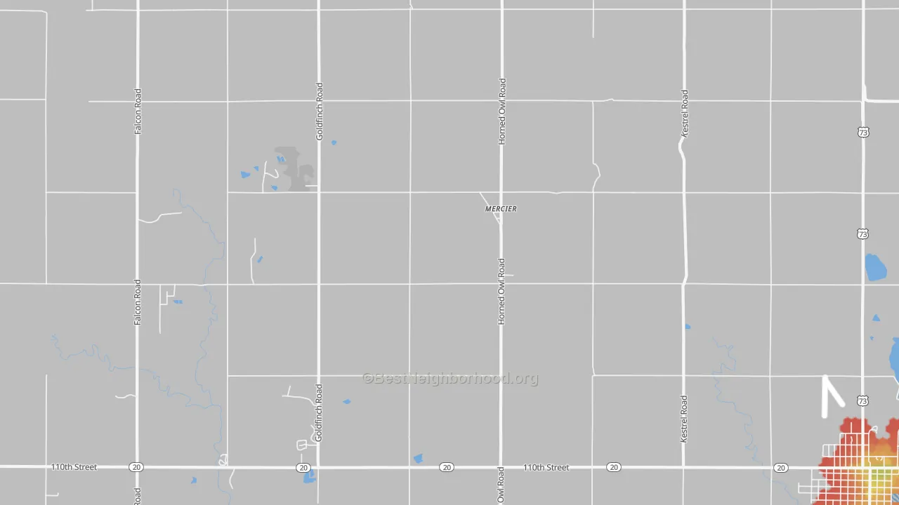 Walk Grade map of Mercier, KS, walkable areas in green and car-dependent areas in red