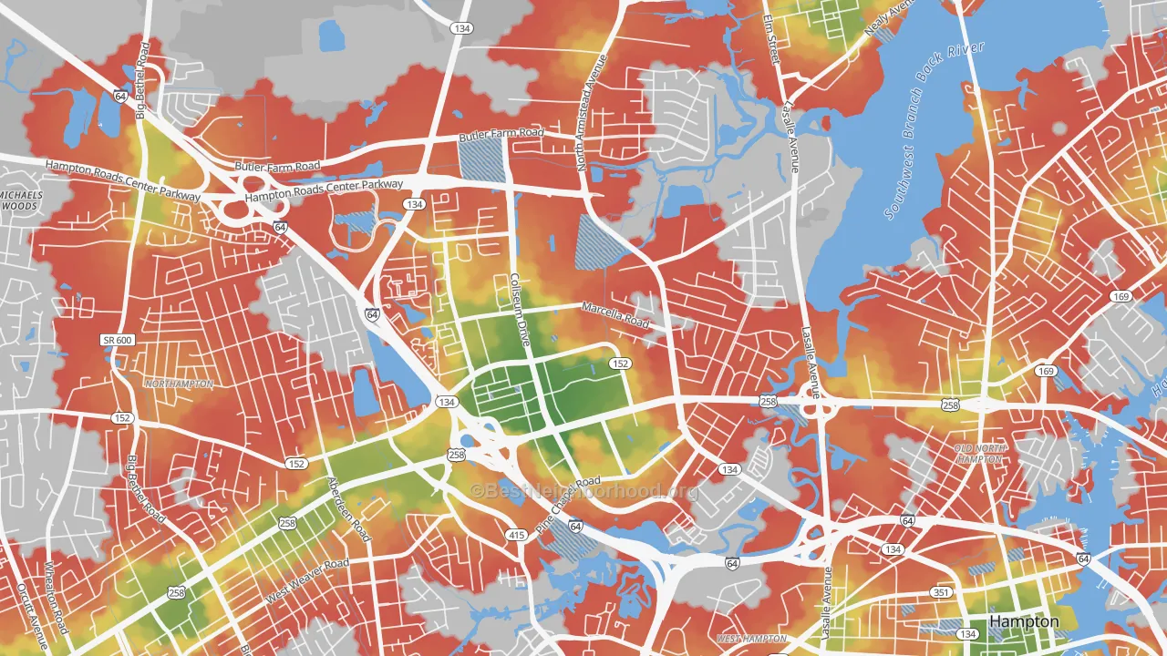 Walk Grade map of Mercury Central, Hampton, VA, walkable areas in green and car-dependent areas in red
