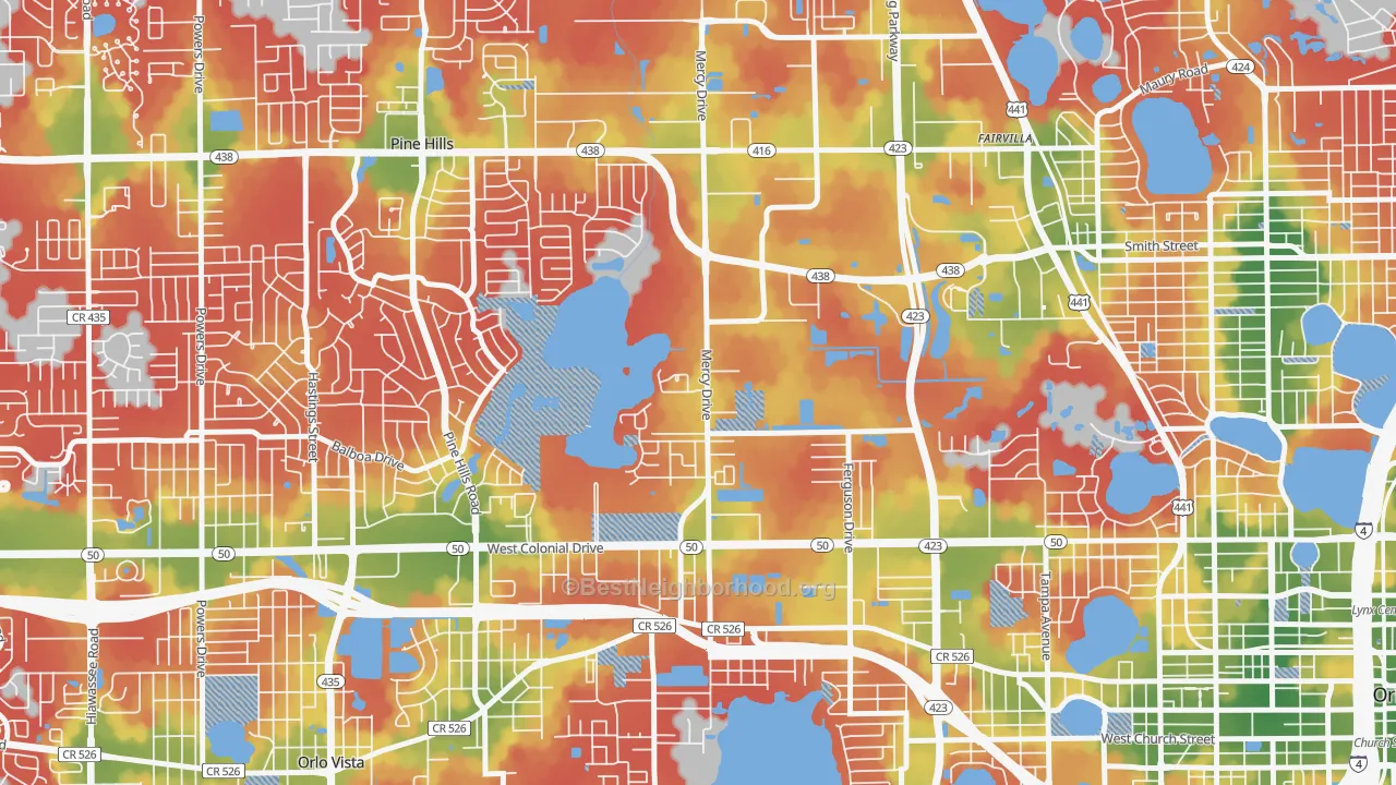 Walk Grade map of Mercy Drive, Orlando, FL, walkable areas in green and car-dependent areas in red