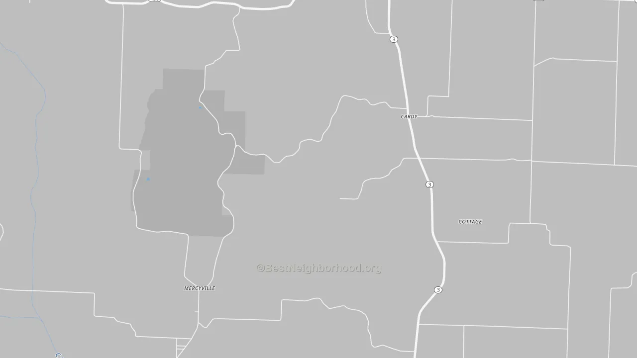 Walk Grade map of Mercyville, MO, walkable areas in green and car-dependent areas in red