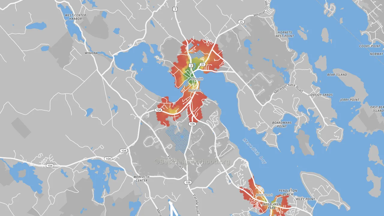 Walk Grade map of Meredith, NH, walkable areas in green and car-dependent areas in red