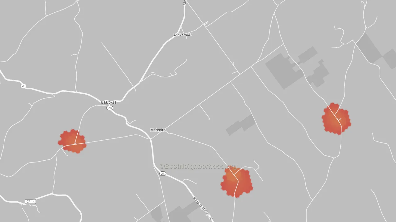 Walk Grade map of Meredith, NY, walkable areas in green and car-dependent areas in red