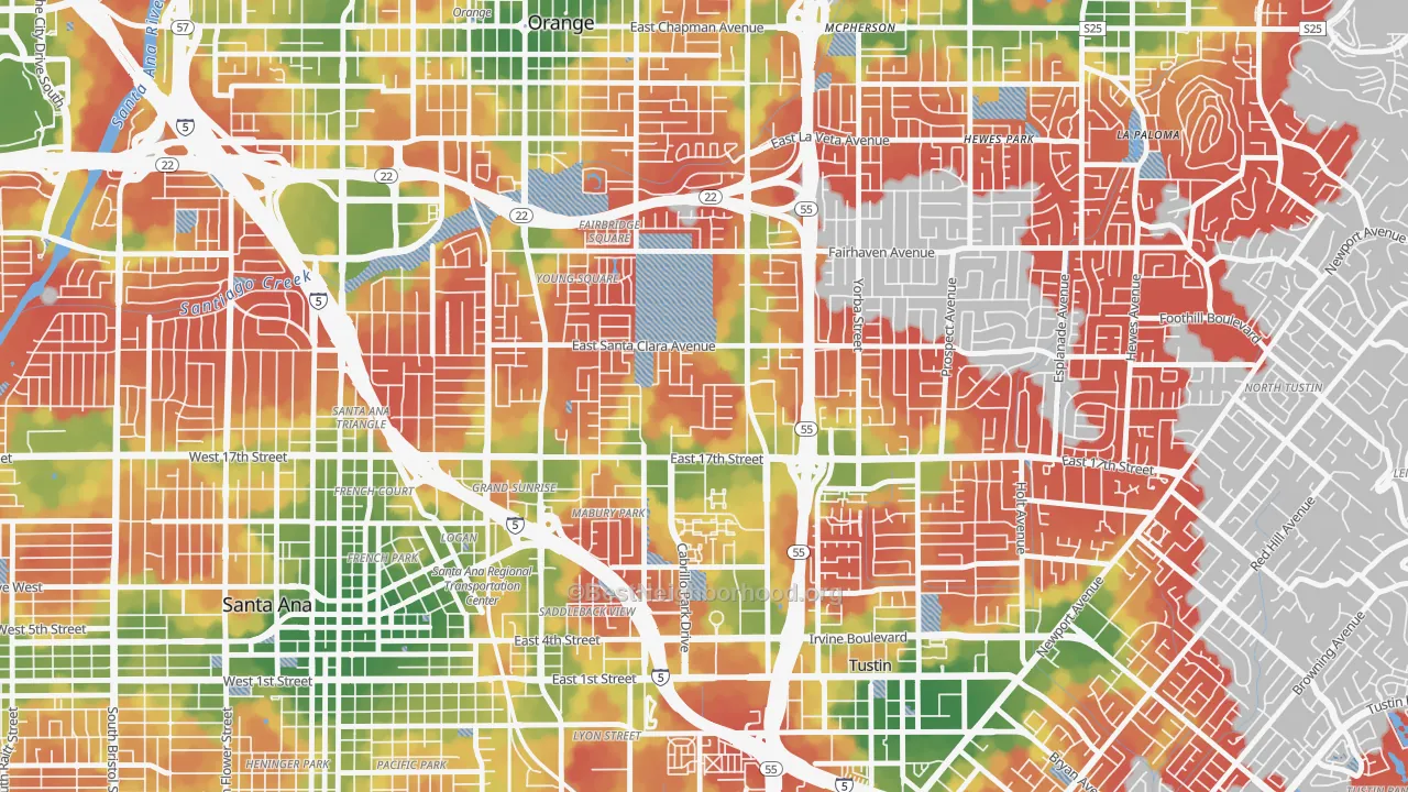Walk Grade map of Meredith Parkwood, Santa Ana, CA, walkable areas in green and car-dependent areas in red