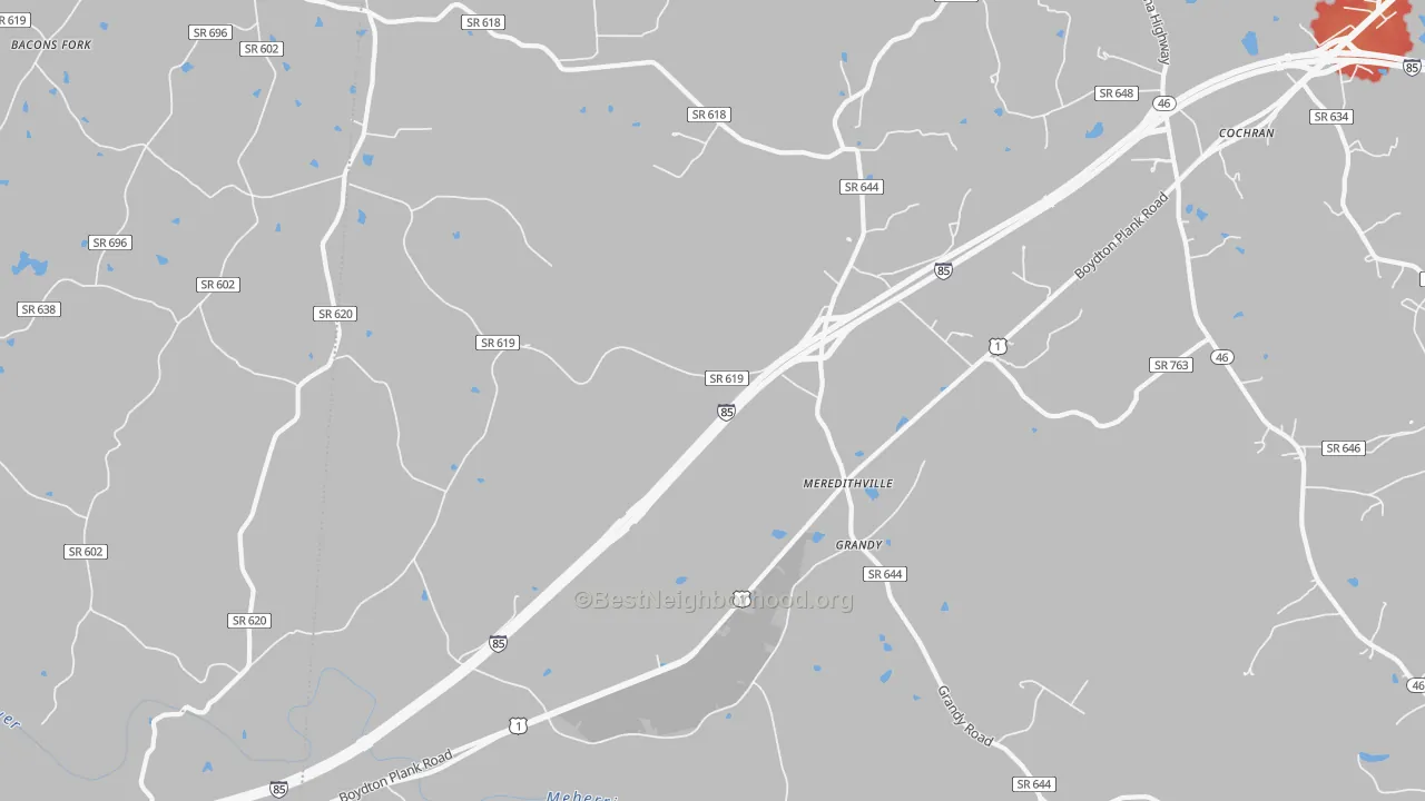 Walk Grade map of Meredithville, VA, walkable areas in green and car-dependent areas in red