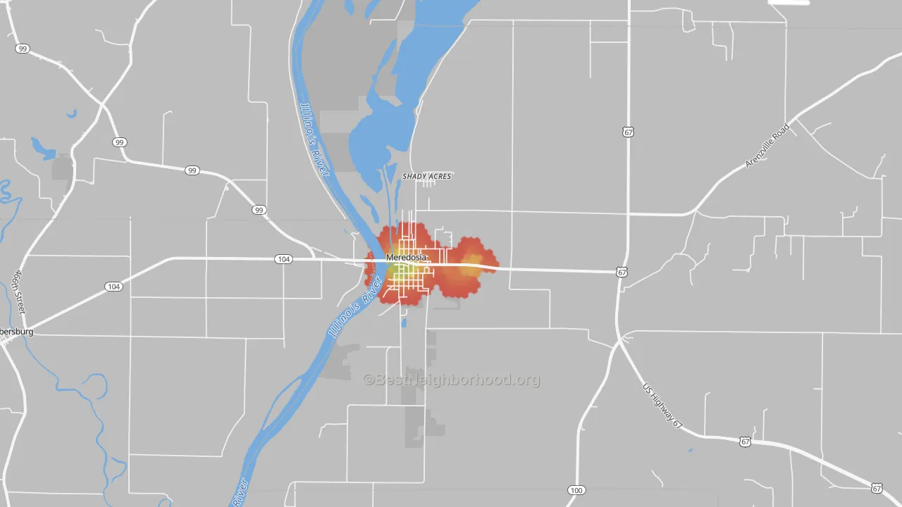 Walk Grade map of Meredosia, IL, walkable areas in green and car-dependent areas in red