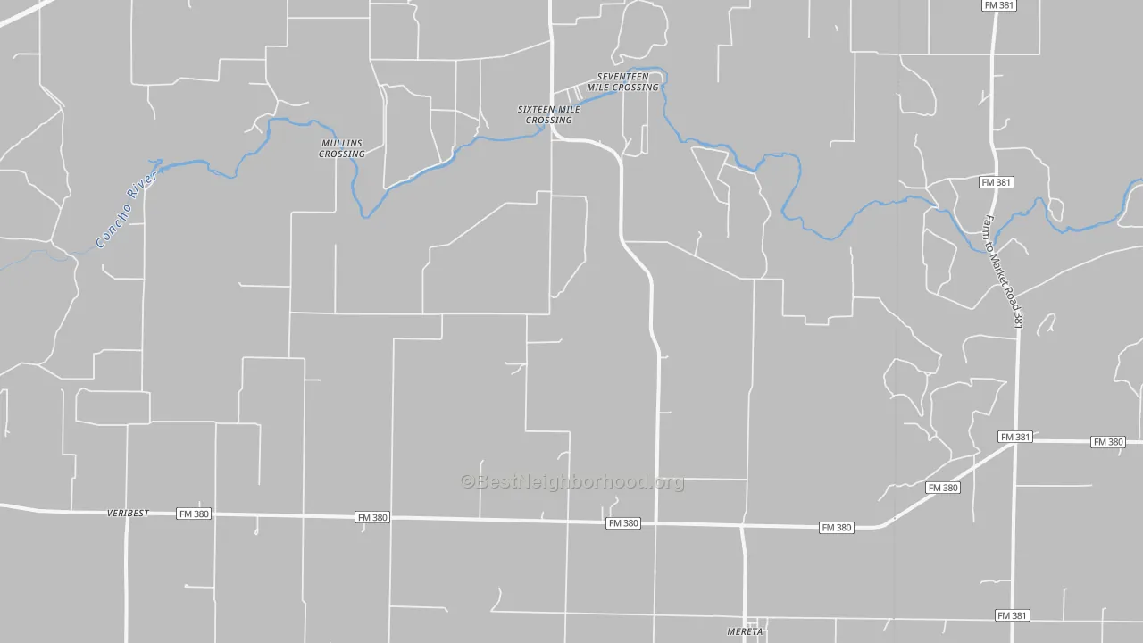 Walk Grade map of Mereta, TX, walkable areas in green and car-dependent areas in red