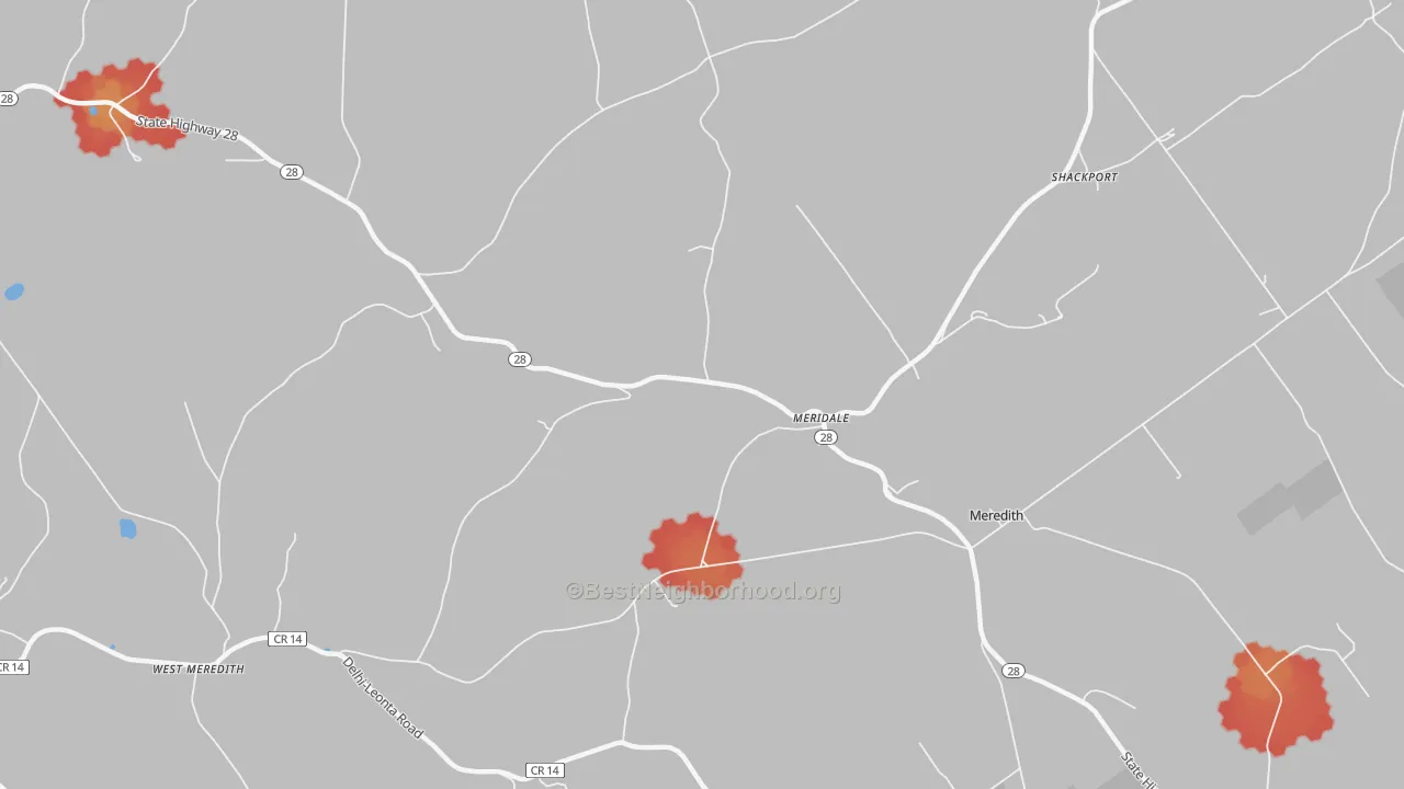 Walk Grade map of Meridale, NY, walkable areas in green and car-dependent areas in red