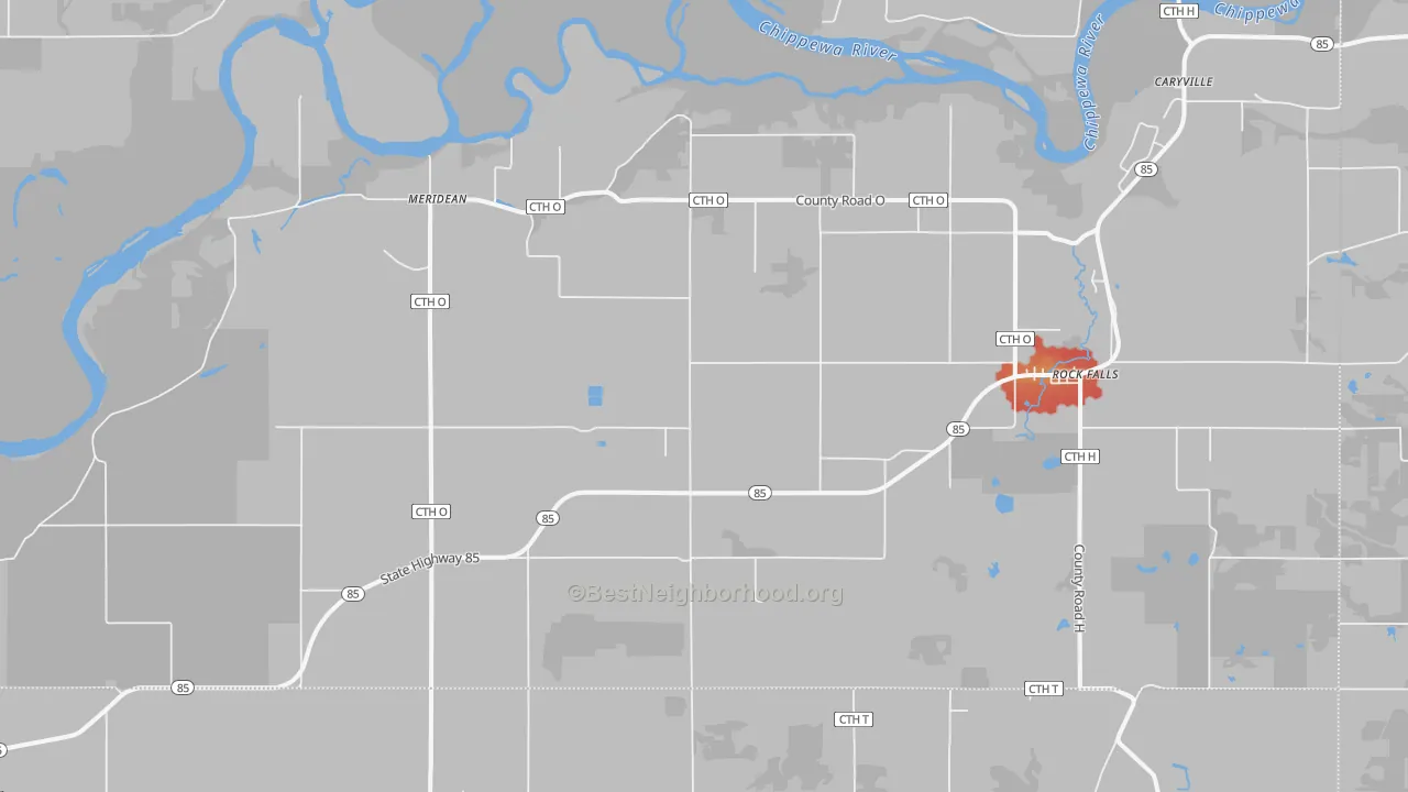 Walk Grade map of Meridean, WI, walkable areas in green and car-dependent areas in red