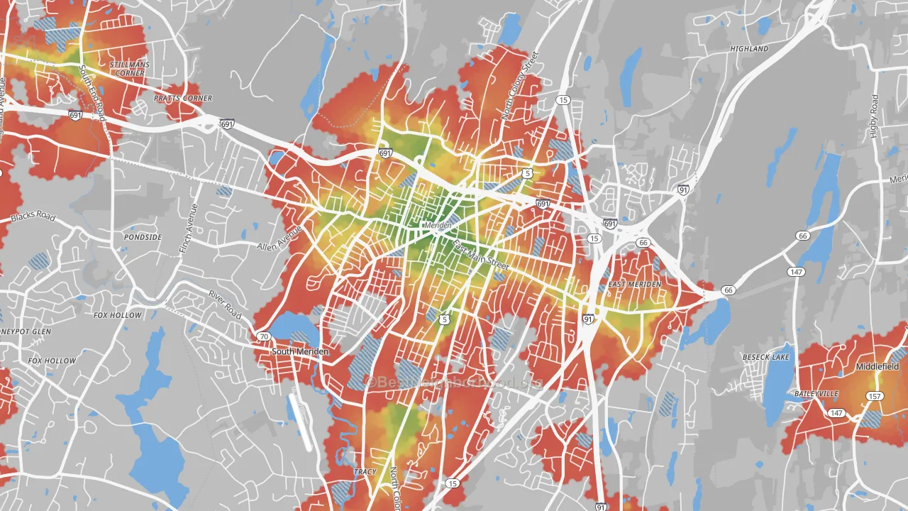 Walk Grade map of Meriden, CT, walkable areas in green and car-dependent areas in red