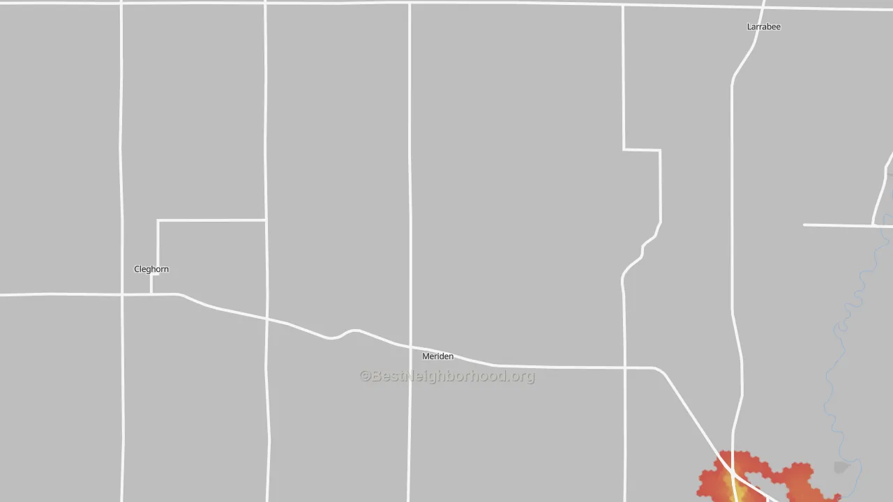 Walk Grade map of Meriden, IA, walkable areas in green and car-dependent areas in red