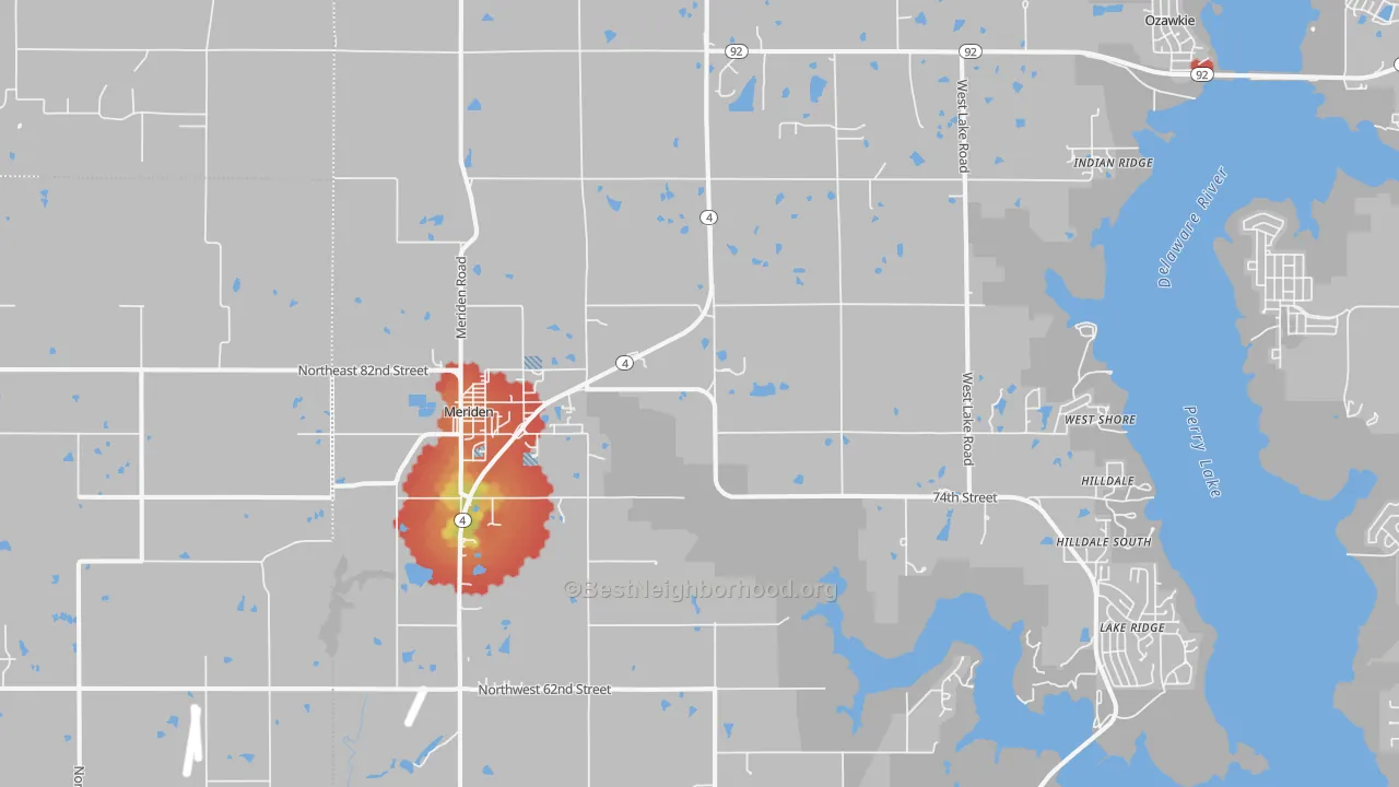 Walk Grade map of Meriden, KS, walkable areas in green and car-dependent areas in red